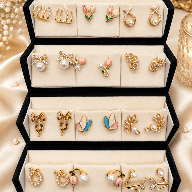 12-Pair Gold Plated Stud Earrings Set with Premium Organiser Box