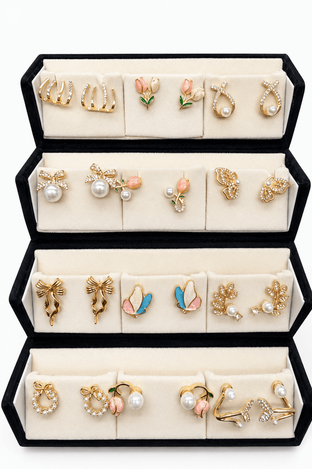 12-Pair Gold Plated Stud Earrings Set with Premium Organiser Box hover