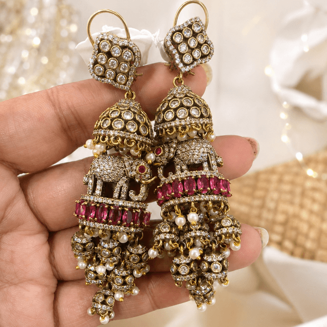Elephant Jhumka Kundan Earrings hover