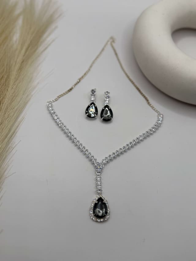 Crystal Charm Necklace Set - BLACK