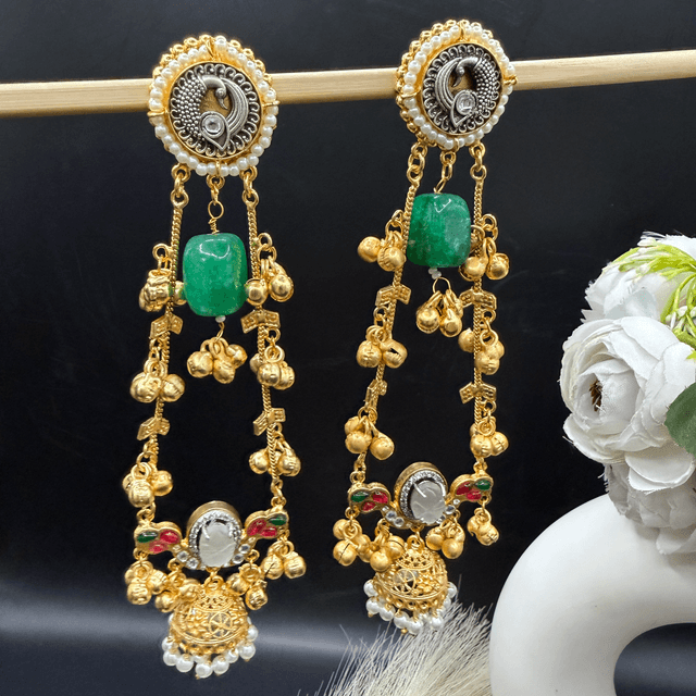 Emerald Green Stone Peacock Kashmiri Earrings