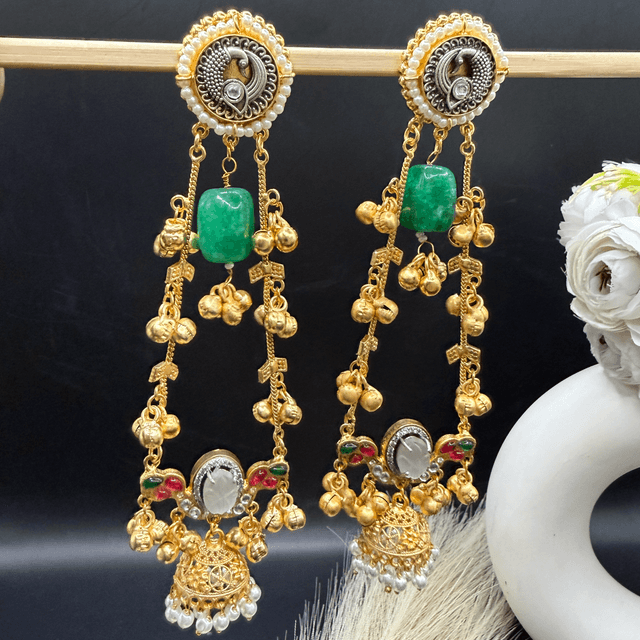 Emerald Green Stone Peacock Kashmiri Earrings hover