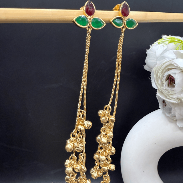 Ruby Green Stone Long Chain Tassel Earrings