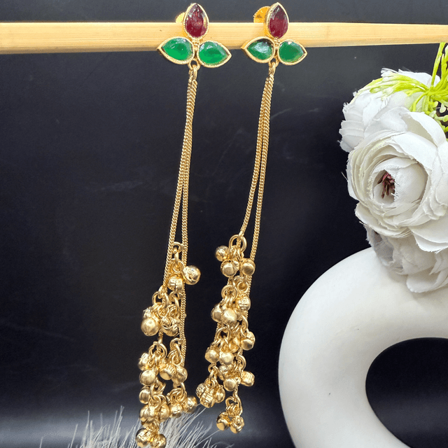 Ruby Green Stone Long Chain Tassel Earrings hover