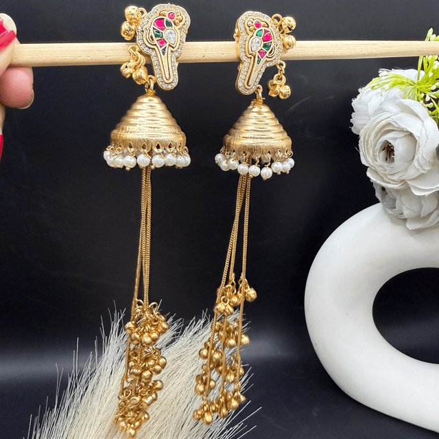 Kundan Paisley Long Jhumka Tassel Earrings