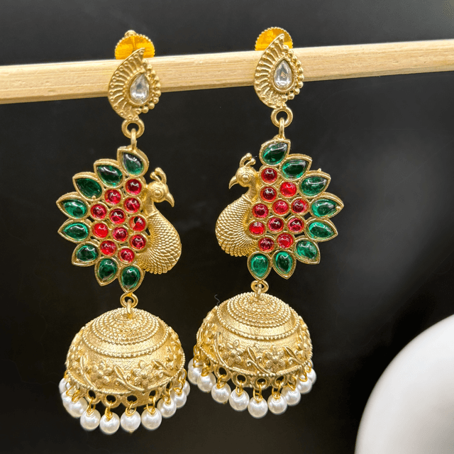 Peacock Stone Jhumka Earrings hover