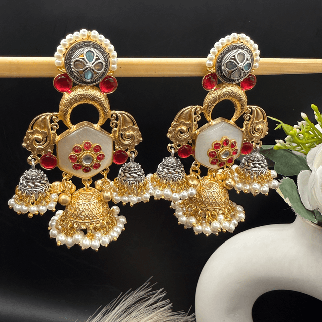 Dual Tone Three Jhumki Earrings