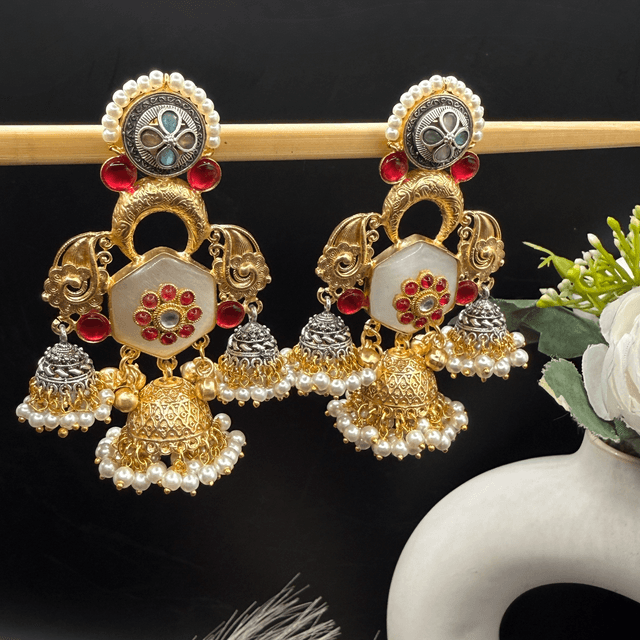 Dual Tone Three Jhumki Earrings hover
