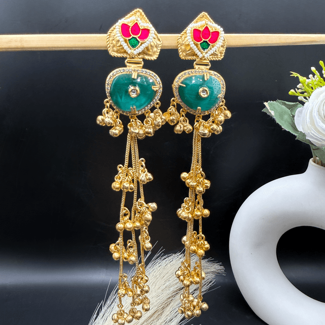 Lotus Tassel Green Statement Earrings