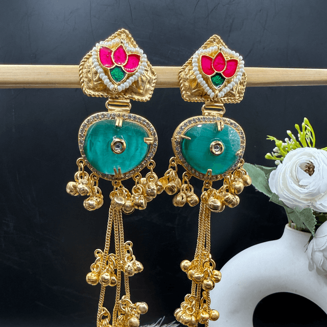 Lotus Tassel Green Statement Earrings hover